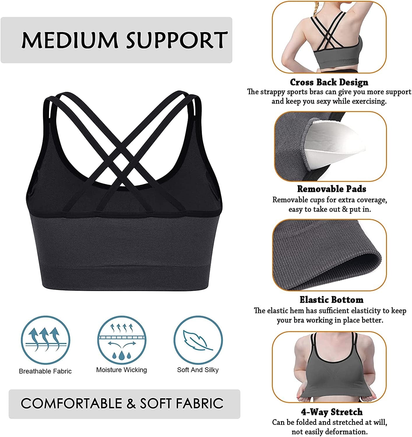 Womens Sports Bras - Cross Back Padded Wirefree Comfort Workout Bras for Yoga Fitness 3 Pack