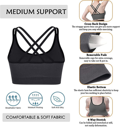 Womens Sports Bras - Cross Back Padded Wirefree Comfort Workout Bras for Yoga Fitness 3 Pack