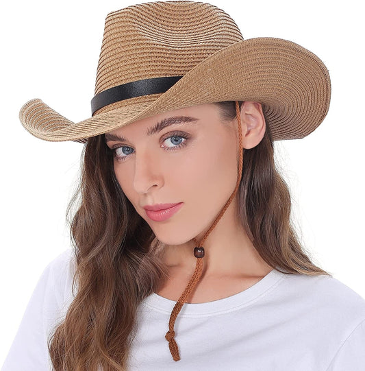 Womens Straw Cowboy Hat Shapeable Floppy Sun Hat Wide Birm Fedora Panama Hat for Beach Apparel & Accessories > Clothing Accessories > Hats EINSKEY 01 Beige  