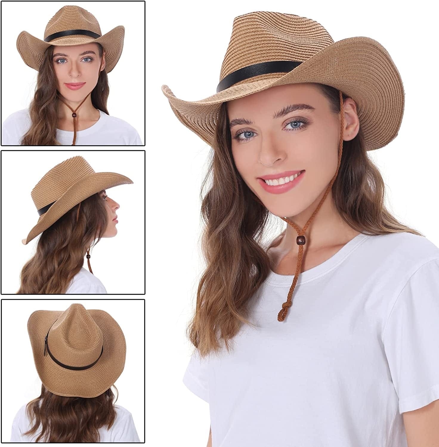 Womens Straw Cowboy Hat Shapeable Floppy Sun Hat Wide Birm Fedora Panama Hat for Beach Apparel & Accessories > Clothing Accessories > Hats EINSKEY   