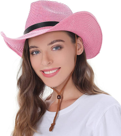 Womens Straw Cowboy Hat Shapeable Floppy Sun Hat Wide Birm Fedora Panama Hat for Beach Apparel & Accessories > Clothing Accessories > Hats EINSKEY Pink  