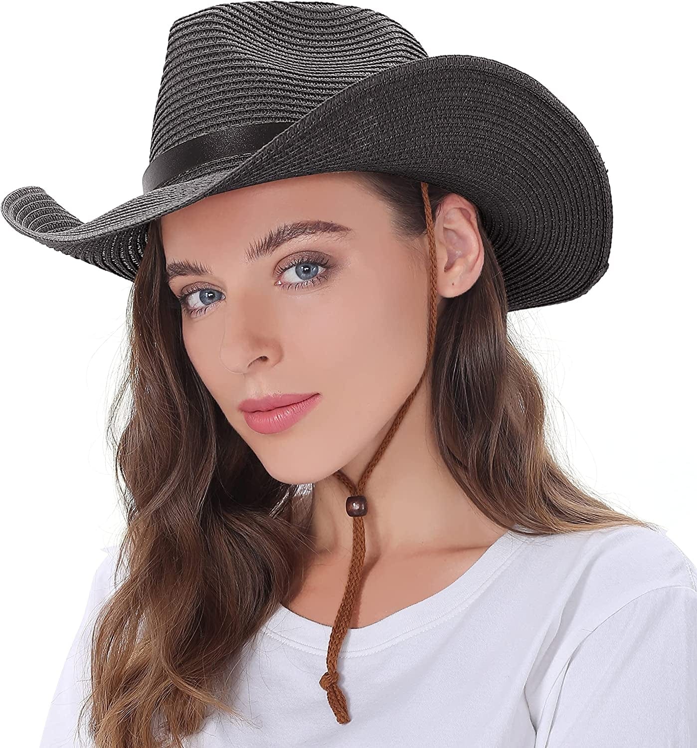 Womens Straw Cowboy Hat Shapeable Floppy Sun Hat Wide Birm Fedora Panama Hat for Beach Apparel & Accessories > Clothing Accessories > Hats EINSKEY Black  