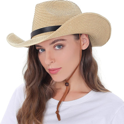 Womens Straw Cowboy Hat Shapeable Floppy Sun Hat Wide Birm Fedora Panama Hat for Beach Apparel & Accessories > Clothing Accessories > Hats EINSKEY Light Beige  