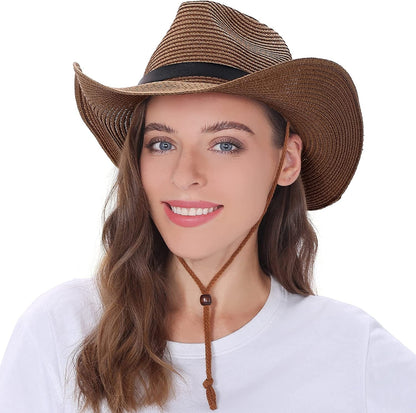 Womens Straw Cowboy Hat Shapeable Floppy Sun Hat Wide Birm Fedora Panama Hat for Beach Apparel & Accessories > Clothing Accessories > Hats EINSKEY Coffee  