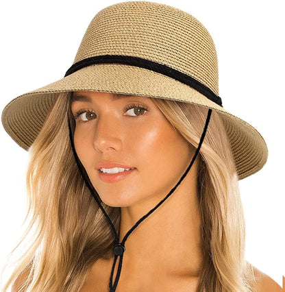Womens Sun Bucket Straw Hats with Lanyard Foladable Summer Beach Hat Portable UPF 50+ Fishing Safari Garden Hat Apparel & Accessories > Clothing Accessories > Hats Lvaiz Khaki One Size 