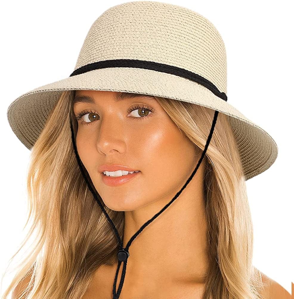 Womens Sun Bucket Straw Hats with Lanyard Foladable Summer Beach Hat Portable UPF 50+ Fishing Safari Garden Hat Apparel & Accessories > Clothing Accessories > Hats Lvaiz Beige One Size 
