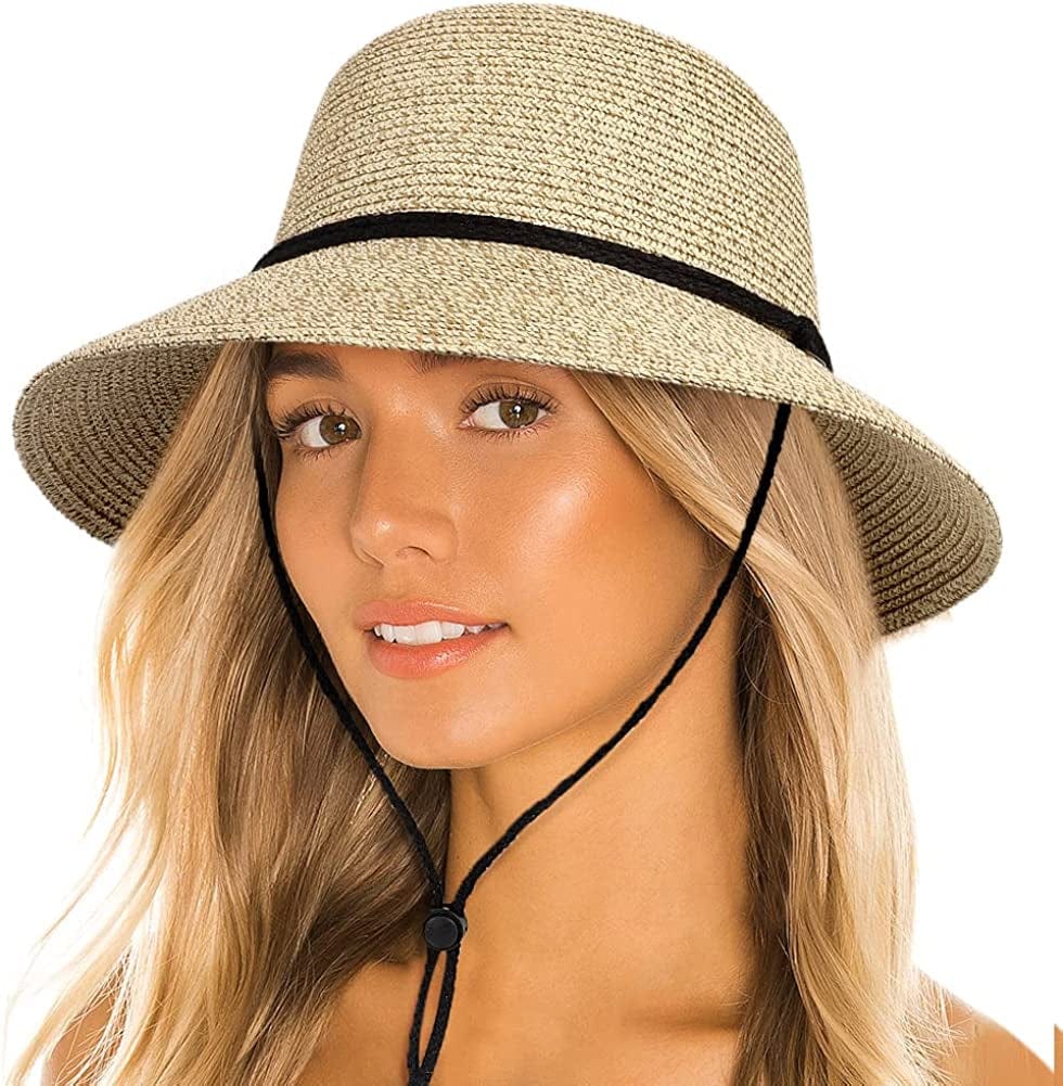Womens Sun Bucket Straw Hats with Lanyard Foladable Summer Beach Hat Portable UPF 50+ Fishing Safari Garden Hat Apparel & Accessories > Clothing Accessories > Hats Lvaiz Mix Khaki One Size 