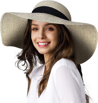 Womens Sun Straw Hat Wide Brim UPF 50 Summer Hat Foldable Roll up Floppy Beach Hats for Women Apparel & Accessories > Clothing Accessories > Hats KYLIE MAX Grey Medium 