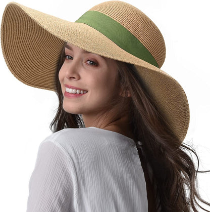 Womens Sun Straw Hat Wide Brim UPF 50 Summer Hat Foldable Roll up Floppy Beach Hats for Women Apparel & Accessories > Clothing Accessories > Hats KYLIE MAX Khaki-green Medium 