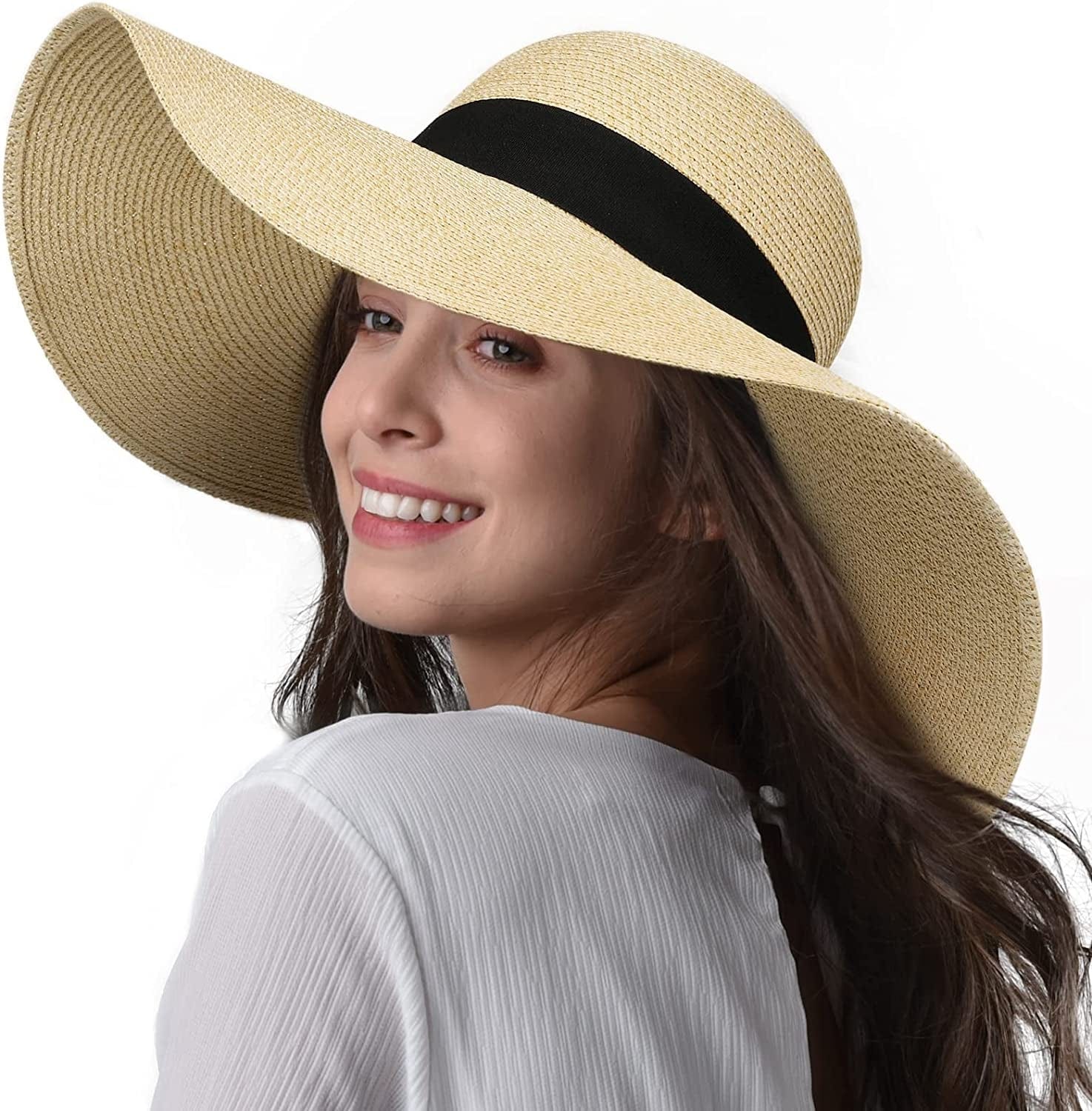 Womens Sun Straw Hat Wide Brim UPF 50 Summer Hat Foldable Roll up Floppy Beach Hats for Women Apparel & Accessories > Clothing Accessories > Hats KYLIE MAX Ad-printing Beige Large 