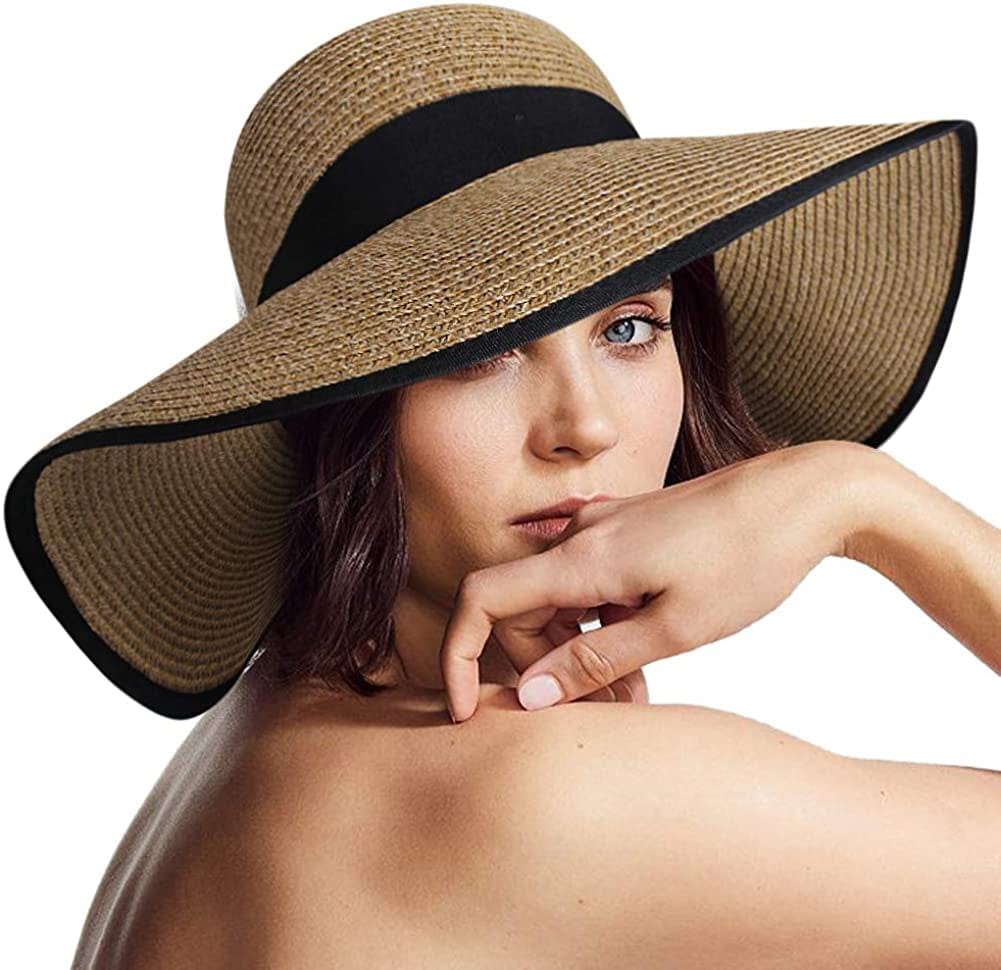 Womens Sun Straw Hat Wide Brim UPF 50 Summer Hat Foldable Roll up Floppy Beach Hats for Women Apparel & Accessories > Clothing Accessories > Hats KYLIE MAX Khaki/Black Large 
