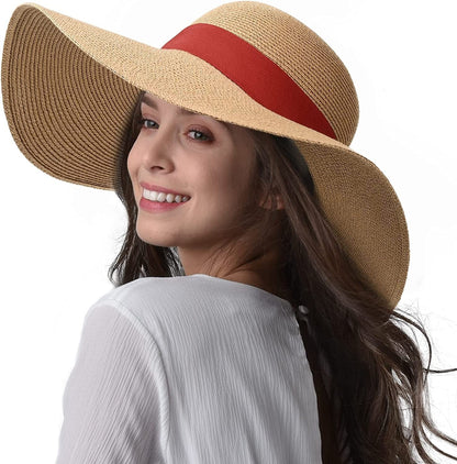 Womens Sun Straw Hat Wide Brim UPF 50 Summer Hat Foldable Roll up Floppy Beach Hats for Women Apparel & Accessories > Clothing Accessories > Hats KYLIE MAX Khaki-red Large 