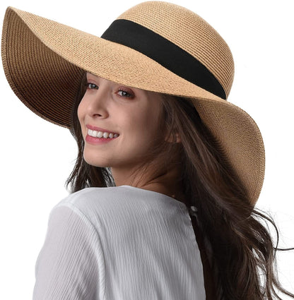 Womens Sun Straw Hat Wide Brim UPF 50 Summer Hat Foldable Roll up Floppy Beach Hats for Women Apparel & Accessories > Clothing Accessories > Hats KYLIE MAX Ab-khaki Medium 