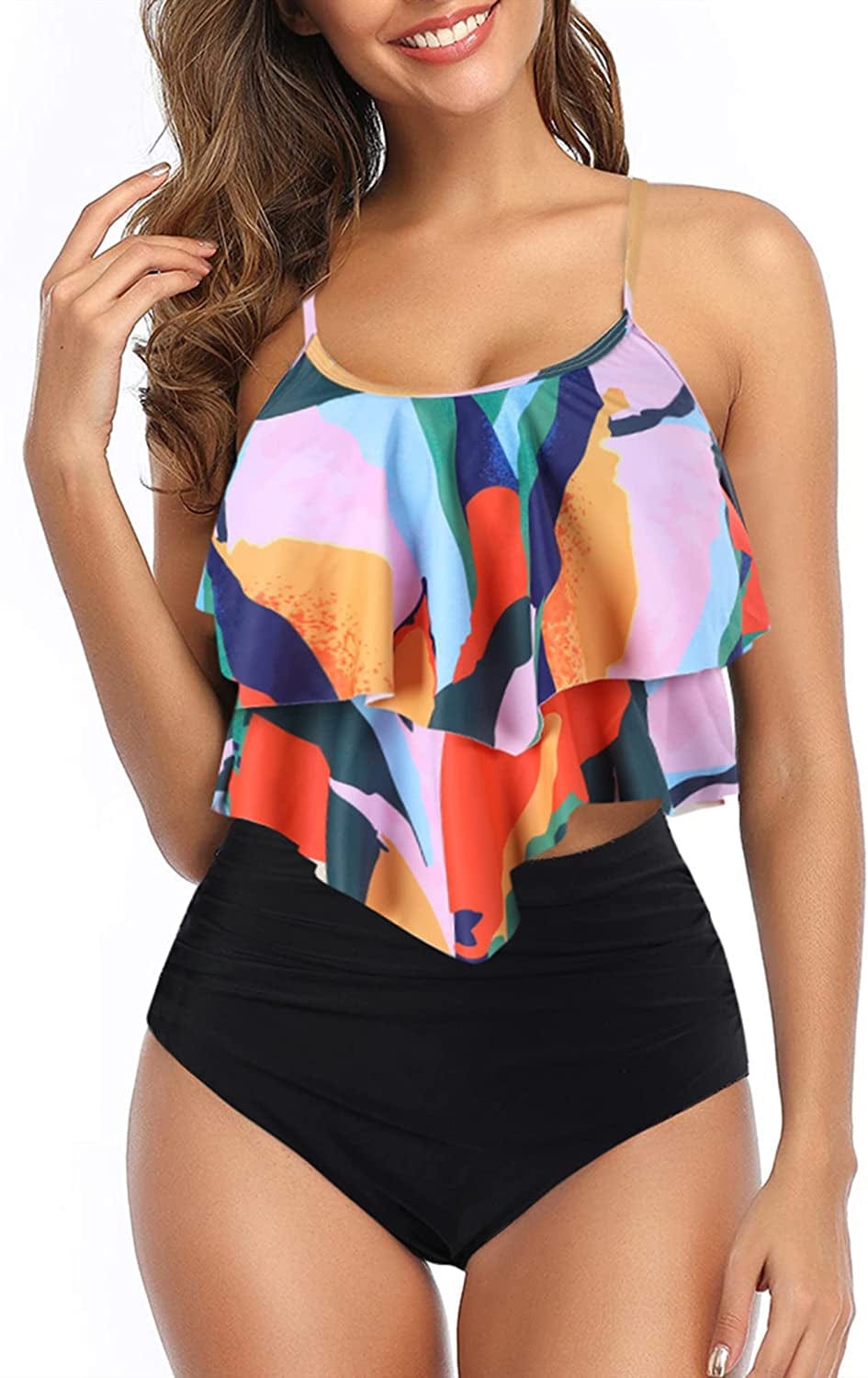 Womens Tankini Swimsuits Ruffled Tank Top Tummy Control Floral Modest Swimwear High Waisted Bikini Two Piece Bathing Suits