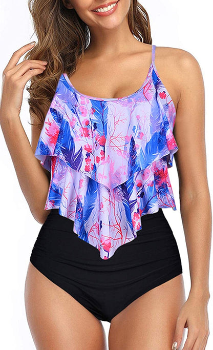 Womens Tankini Swimsuits Ruffled Tank Top Tummy Control Floral Modest Swimwear High Waisted Bikini Two Piece Bathing Suits