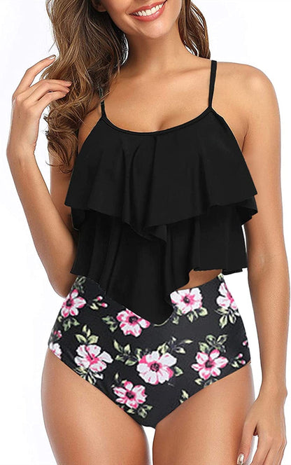Womens Tankini Swimsuits Ruffled Tank Top Tummy Control Floral Modest Swimwear High Waisted Bikini Two Piece Bathing Suits