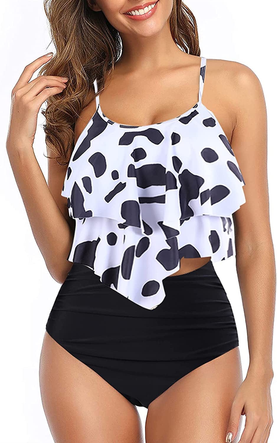 Womens Tankini Swimsuits Ruffled Tank Top Tummy Control Floral Modest Swimwear High Waisted Bikini Two Piece Bathing Suits