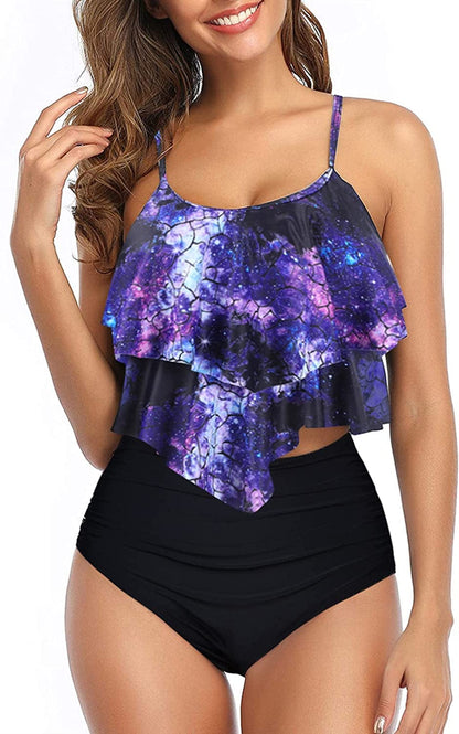 Womens Tankini Swimsuits Ruffled Tank Top Tummy Control Floral Modest Swimwear High Waisted Bikini Two Piece Bathing Suits