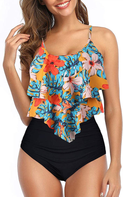 Womens Tankini Swimsuits Ruffled Tank Top Tummy Control Floral Modest Swimwear High Waisted Bikini Two Piece Bathing Suits