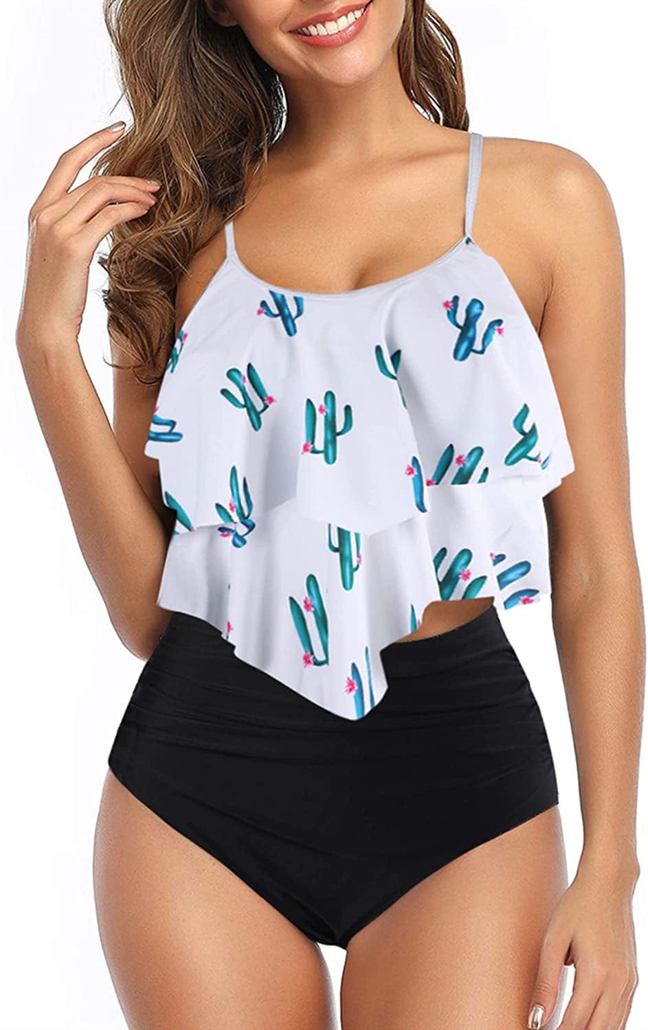 Womens Tankini Swimsuits Ruffled Tank Top Tummy Control Floral Modest Swimwear High Waisted Bikini Two Piece Bathing Suits