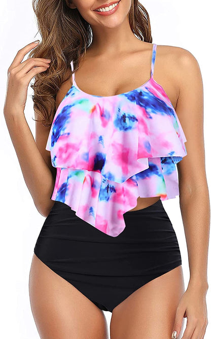 Womens Tankini Swimsuits Ruffled Tank Top Tummy Control Floral Modest Swimwear High Waisted Bikini Two Piece Bathing Suits