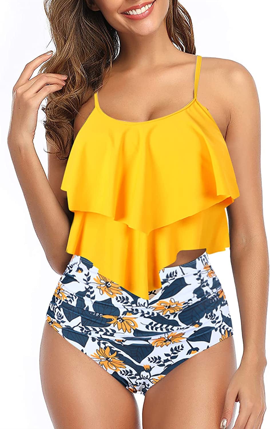 Womens Tankini Swimsuits Ruffled Tank Top Tummy Control Floral Modest Swimwear High Waisted Bikini Two Piece Bathing Suits