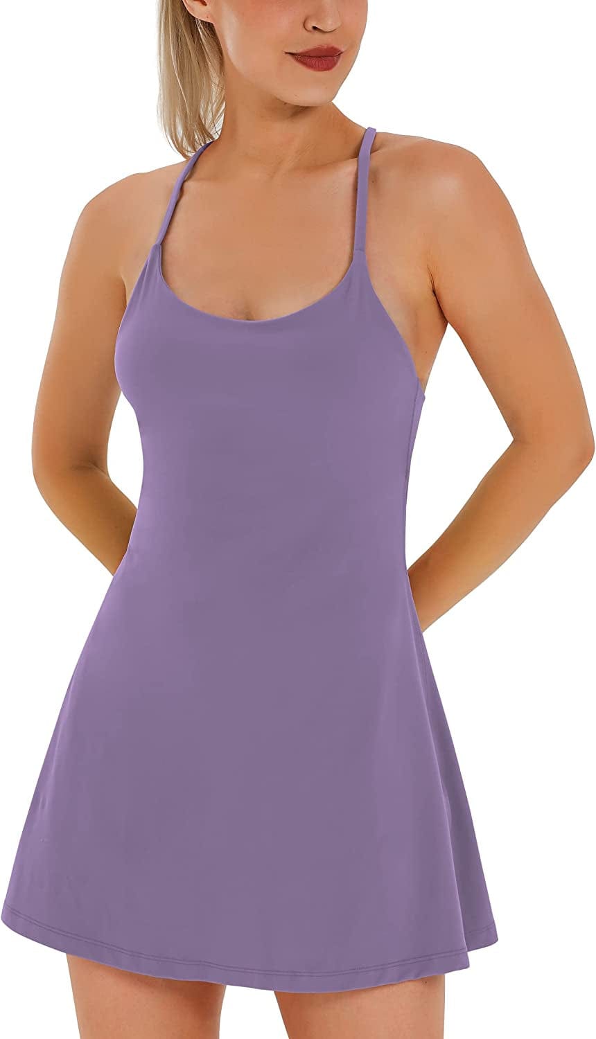 Womens Tennis Dress, Workout Dress with Built-In Bra & Shorts Pockets Exercise Dress for Golf Athletic Dresses for Women Lavender / X-Large