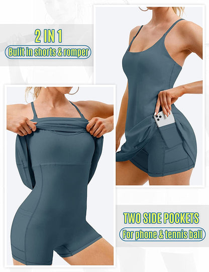 Womens Tennis Dress, Workout Dress with Built-In Bra & Shorts Pockets Exercise Dress for Golf Athletic Dresses for Women