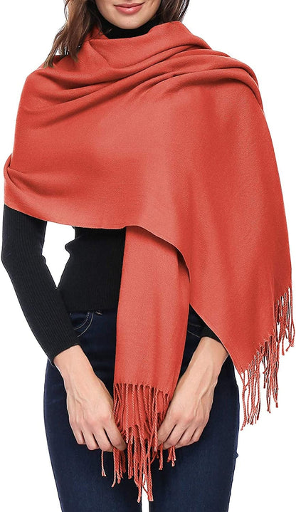 Womens Thick Soft Wool Pashmina Shawl Wrap Scarf - OHAYOMI Warm Solid Color Stole Apparel & Accessories > Clothing Accessories > Scarves & Shawls OHAYOMI Maple Leaf  