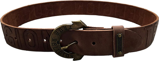 Womens True Religion Jeans Leather Belt Brown Embossed Logo Hardware Horseshoe Buckle Apparel & Accessories > Clothing Accessories > Belts True Religion 22  