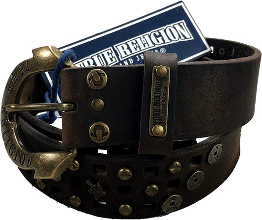 Womens True Religion Jeans Leather Belt Brown Studded Buddha Hardware Logo Horseshoe Buckle Apparel & Accessories > Clothing Accessories > Belts True Religion   