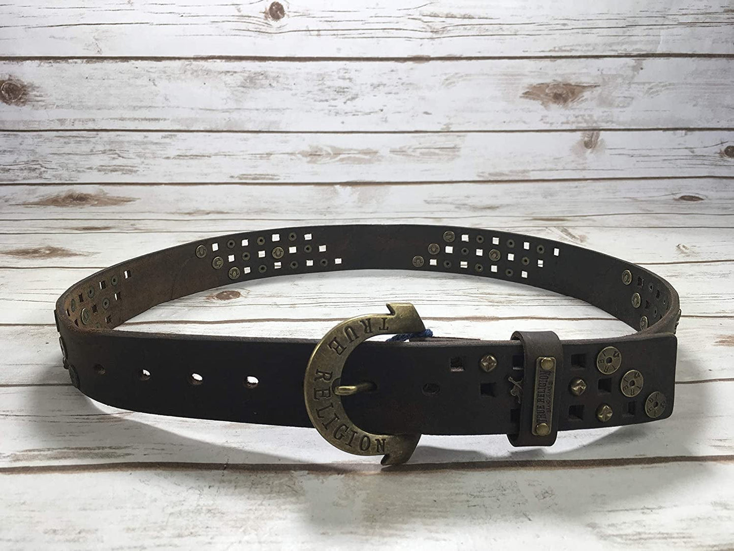 Womens True Religion Jeans Leather Belt Brown Studded Buddha Hardware Logo Horseshoe Buckle Apparel & Accessories > Clothing Accessories > Belts True Religion   