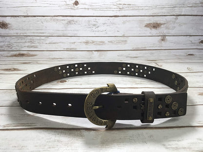 Womens True Religion Jeans Leather Belt Brown Studded Buddha Hardware Logo Horseshoe Buckle Apparel & Accessories > Clothing Accessories > Belts True Religion   