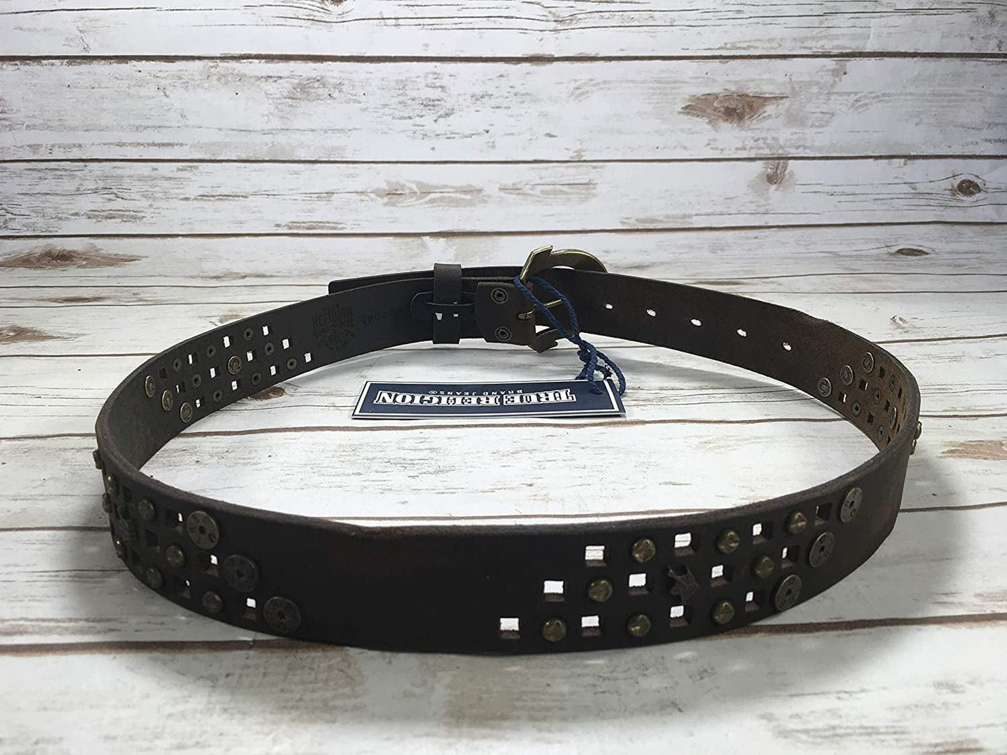Womens True Religion Jeans Leather Belt Brown Studded Buddha Hardware Logo Horseshoe Buckle Apparel & Accessories > Clothing Accessories > Belts True Religion   