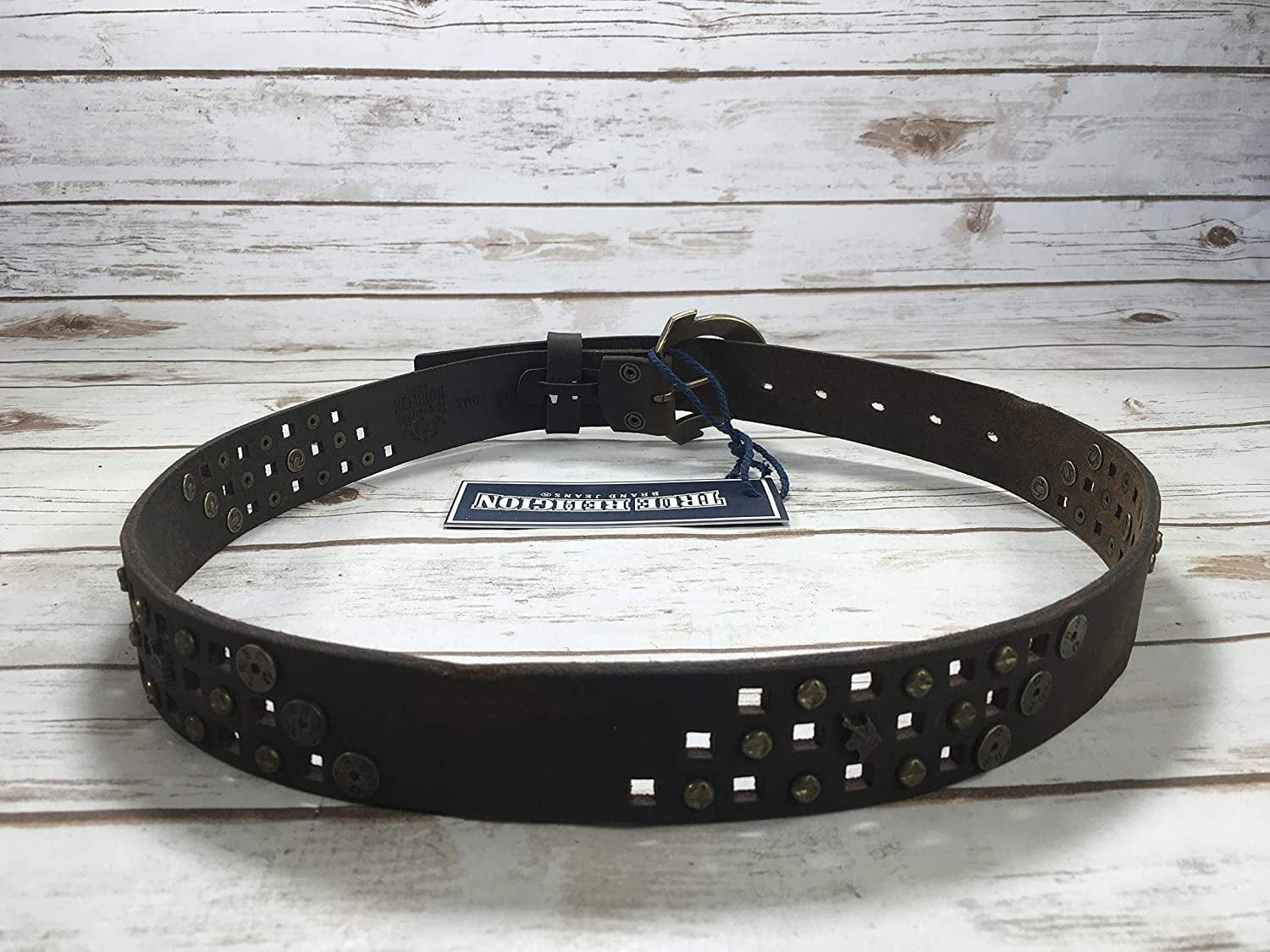 Womens True Religion Jeans Leather Belt Brown Studded Buddha Hardware Logo Horseshoe Buckle Apparel & Accessories > Clothing Accessories > Belts True Religion   