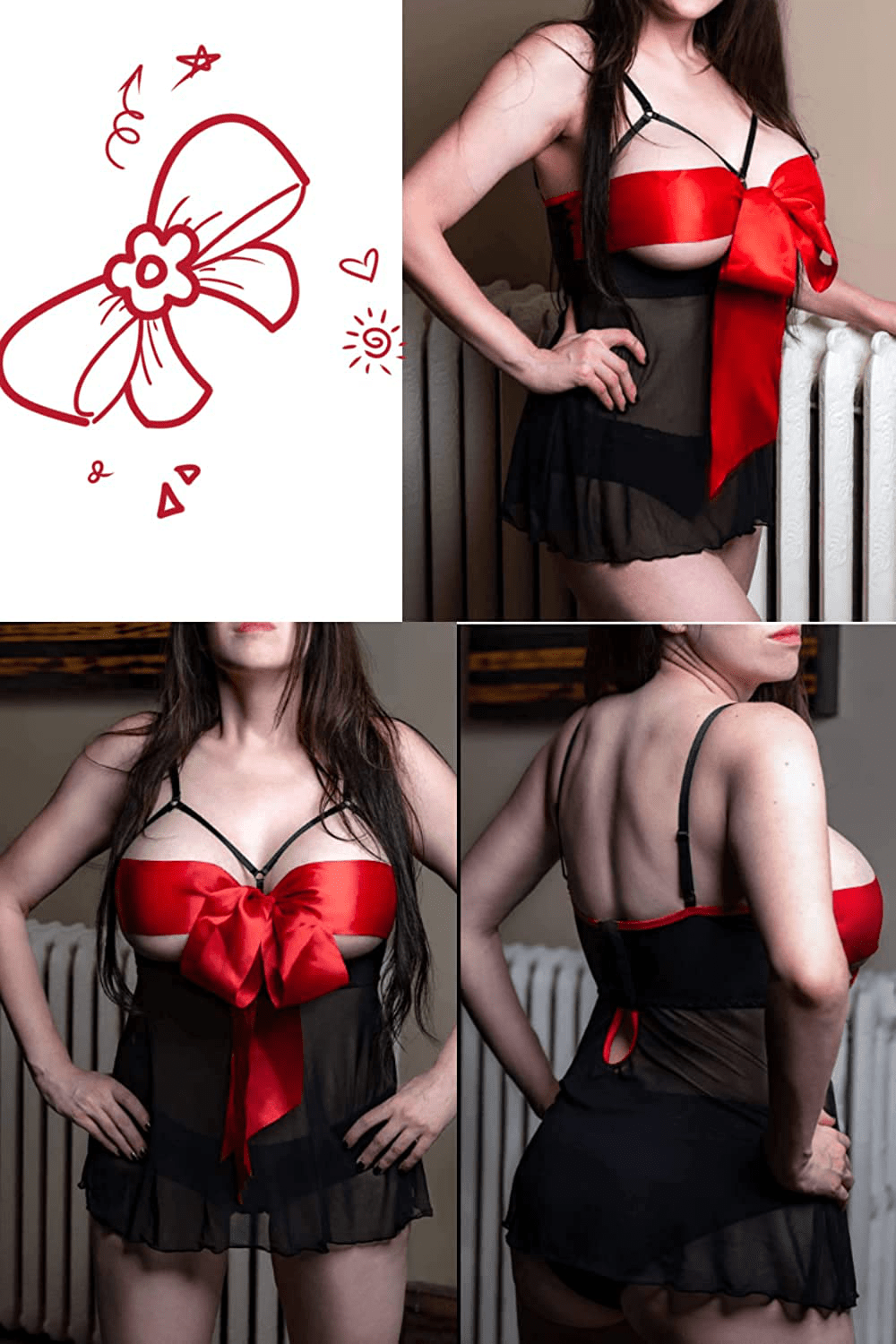 Womens Unwrap Me Babydoll, Sexy See through Red Bow Lingerie Set Valentine Day Gift Apparel & Accessories > Clothing > Underwear & Socks > Lingerie Kylie Max   