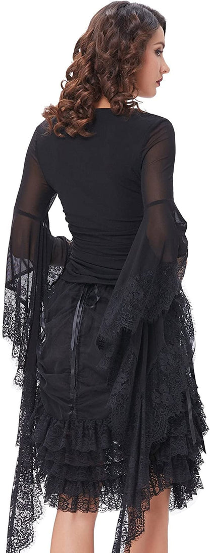 Womens Vintage Gothic Shirt Splice Sheer Sleeve Irregular Top Blouse