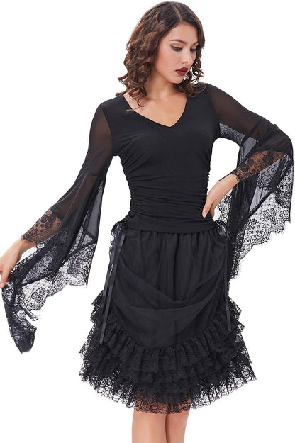 Womens Vintage Gothic Shirt Splice Sheer Sleeve Irregular Top Blouse