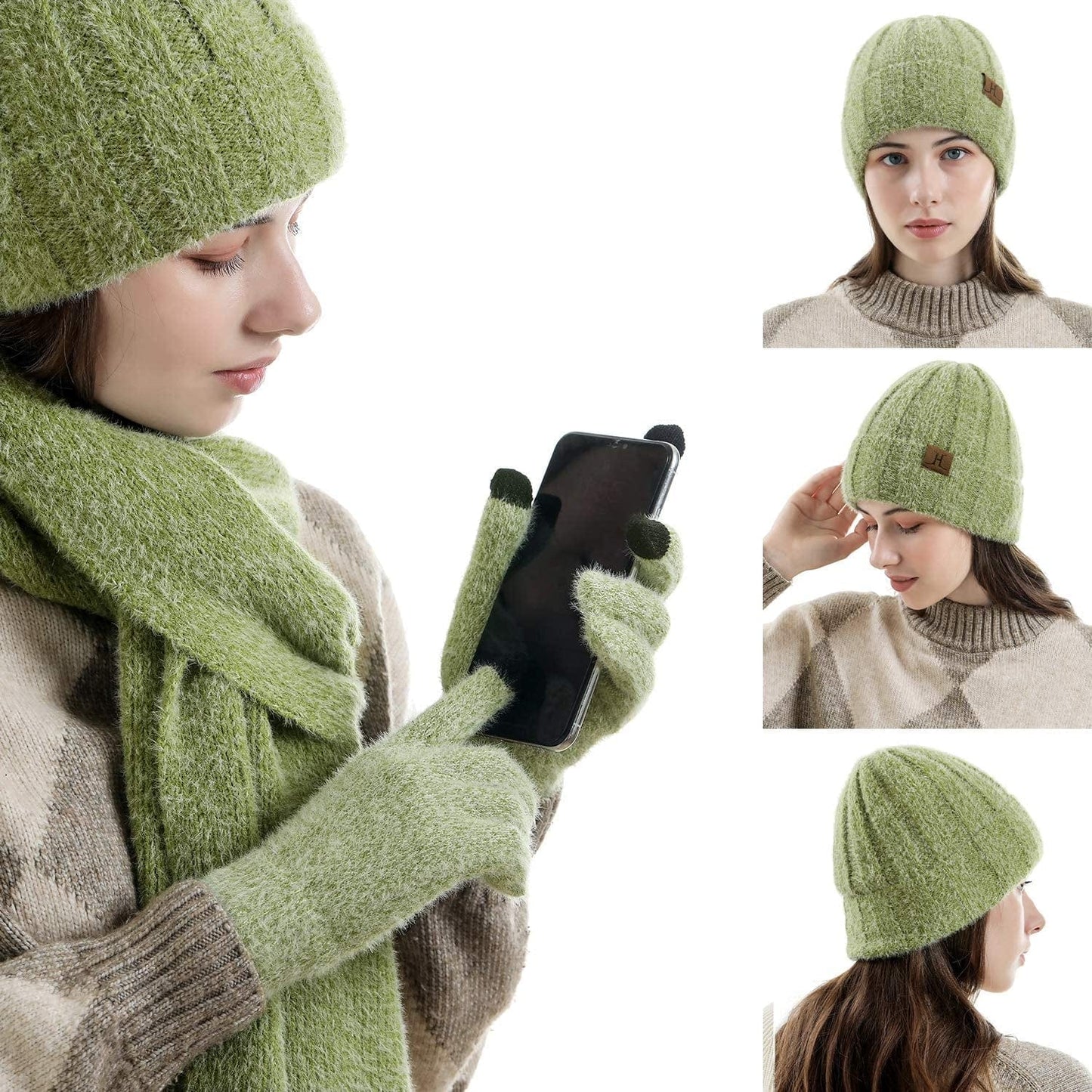 Womens Winter Warm Knit Beanie Hat Touchscreen Gloves Long Scarf Set with Fleece Lined Skull Caps Neck Scarves for Women Men Apparel & Accessories > Clothing Accessories > Gloves & Mittens FZ FANTASTIC ZONE   