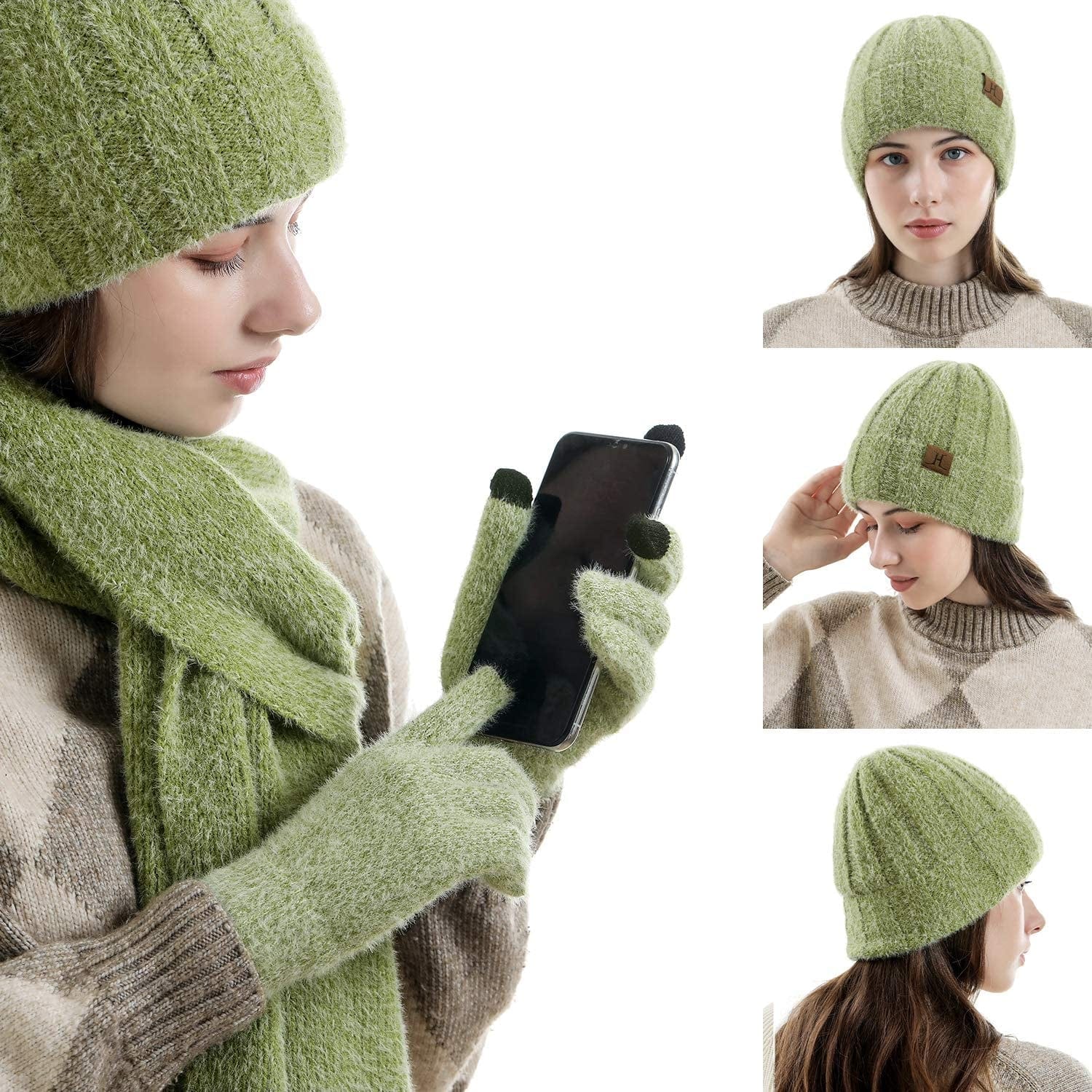 Womens Winter Warm Knit Beanie Hat Touchscreen Gloves Long Scarf Set with Fleece Lined Skull Caps Neck Scarves for Women Men Apparel & Accessories > Clothing Accessories > Gloves & Mittens FZ FANTASTIC ZONE   