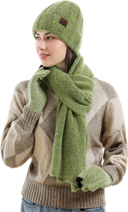 Womens Winter Warm Knit Beanie Hat Touchscreen Gloves Long Scarf Set with Fleece Lined Skull Caps Neck Scarves for Women Men Apparel & Accessories > Clothing Accessories > Gloves & Mittens FZ FANTASTIC ZONE   