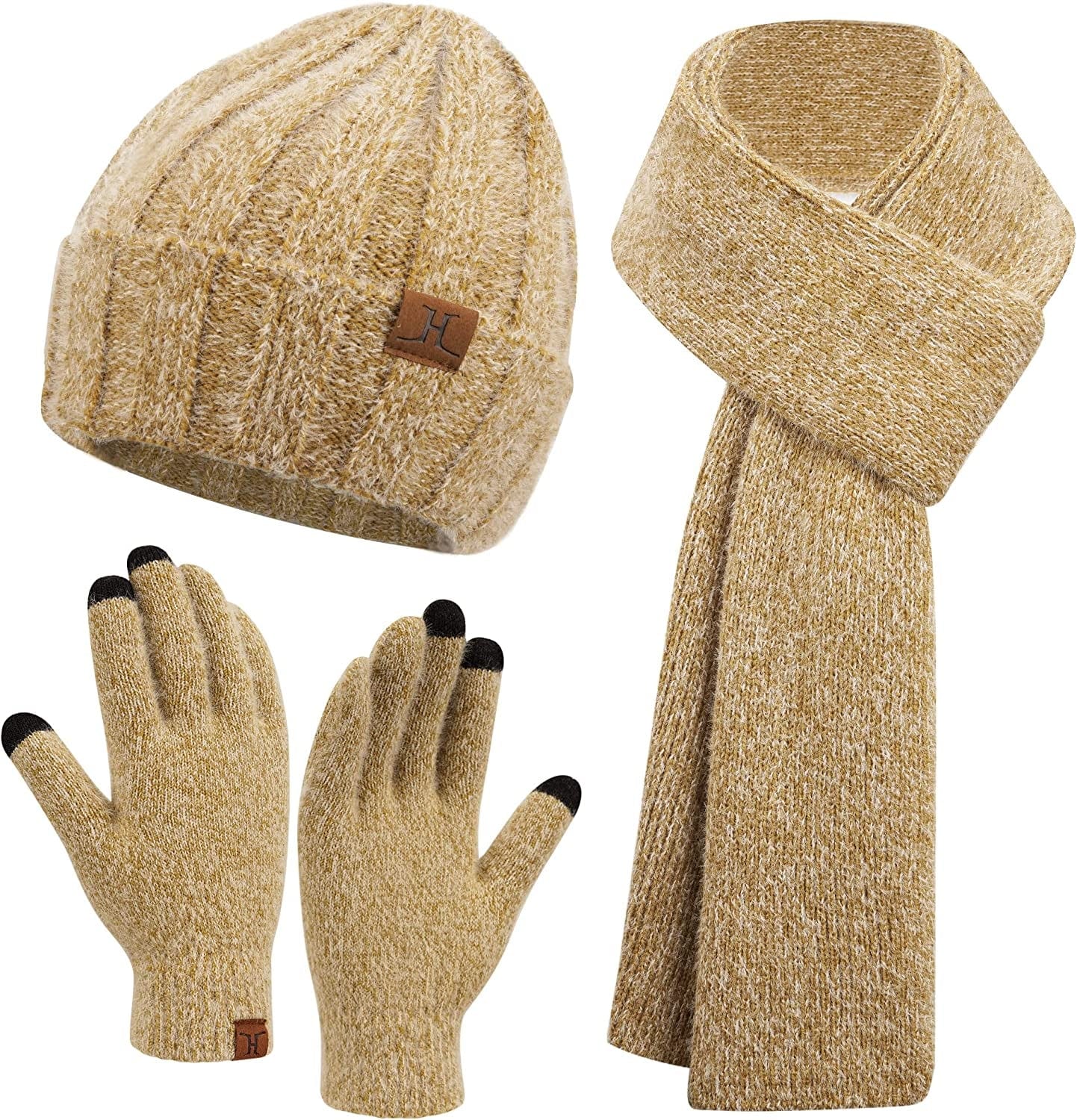 Womens Winter Warm Knit Beanie Hat Touchscreen Gloves Long Scarf Set with Fleece Lined Skull Caps Neck Scarves for Women Men Apparel & Accessories > Clothing Accessories > Gloves & Mittens FZ FANTASTIC ZONE Hat&scarf&gloves-khaki One Size 