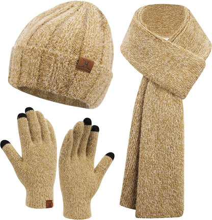 Womens Winter Warm Knit Beanie Hat Touchscreen Gloves Long Scarf Set with Fleece Lined Skull Caps Neck Scarves for Women Men Apparel & Accessories > Clothing Accessories > Gloves & Mittens FZ FANTASTIC ZONE Hat&scarf&gloves-khaki One Size 