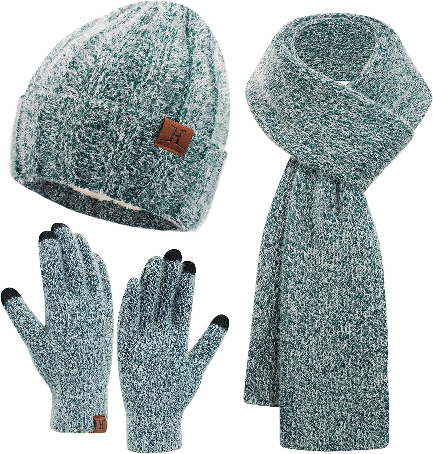 Womens Winter Warm Knit Beanie Hat Touchscreen Gloves Long Scarf Set with Fleece Lined Skull Caps Neck Scarves for Women Men Apparel & Accessories > Clothing Accessories > Gloves & Mittens FZ FANTASTIC ZONE Hat&scarf&gloves-dark Green One Size 