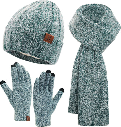 Womens Winter Warm Knit Beanie Hat Touchscreen Gloves Long Scarf Set with Fleece Lined Skull Caps Neck Scarves for Women Men Apparel & Accessories > Clothing Accessories > Gloves & Mittens FZ FANTASTIC ZONE Hat&scarf&gloves-dark Green One Size 