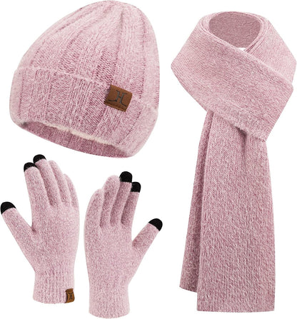 Womens Winter Warm Knit Beanie Hat Touchscreen Gloves Long Scarf Set with Fleece Lined Skull Caps Neck Scarves for Women Men Apparel & Accessories > Clothing Accessories > Gloves & Mittens FZ FANTASTIC ZONE Hat&scarf&gloves-pink Purple One Size 