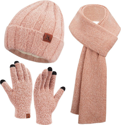 Womens Winter Warm Knit Beanie Hat Touchscreen Gloves Long Scarf Set with Fleece Lined Skull Caps Neck Scarves for Women Men Apparel & Accessories > Clothing Accessories > Gloves & Mittens FZ FANTASTIC ZONE Hat&scarf&gloves-pink One Size 