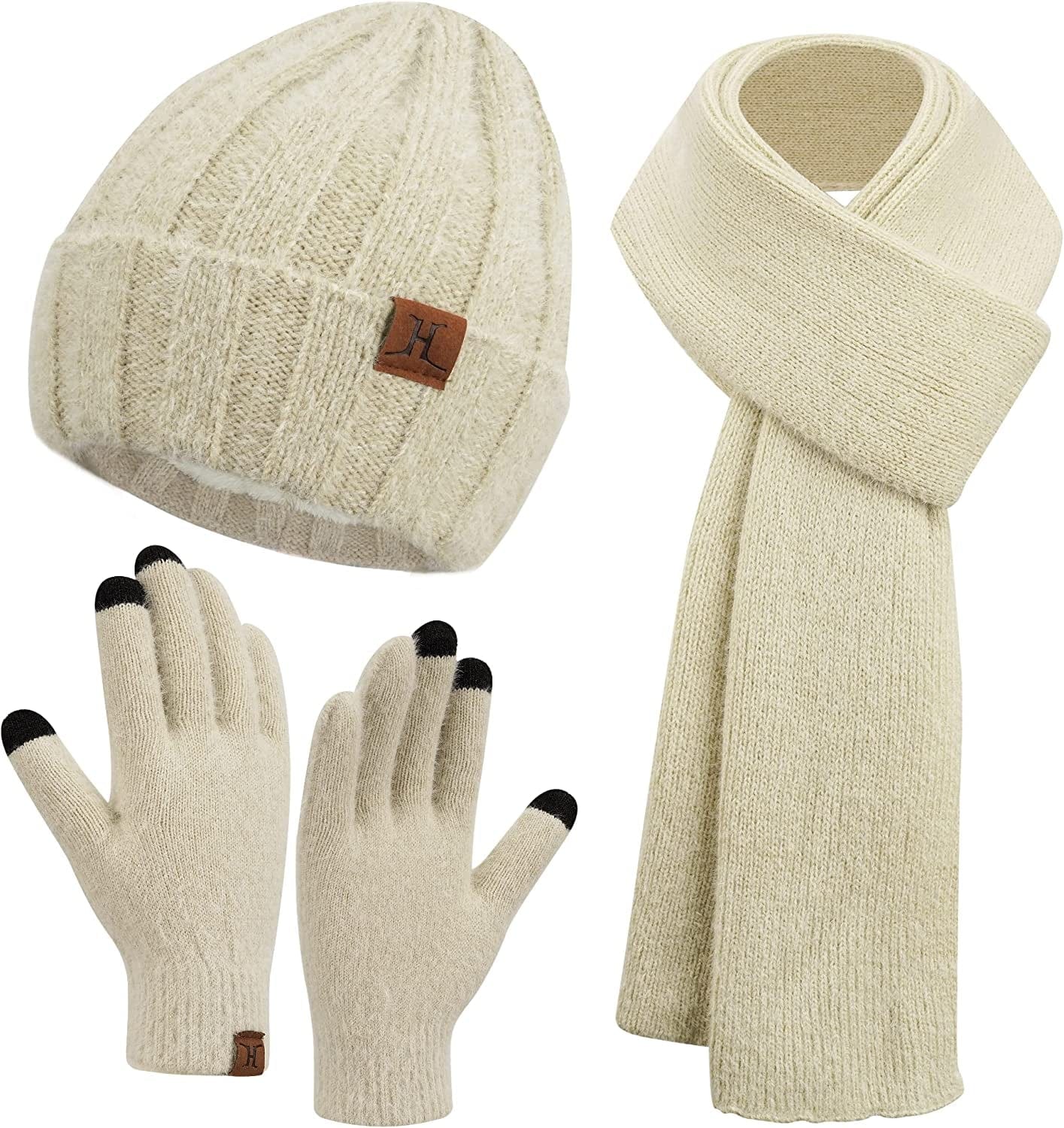 Womens Winter Warm Knit Beanie Hat Touchscreen Gloves Long Scarf Set with Fleece Lined Skull Caps Neck Scarves for Women Men Apparel & Accessories > Clothing Accessories > Gloves & Mittens FZ FANTASTIC ZONE Hat&scarf&gloves-apricot One Size 
