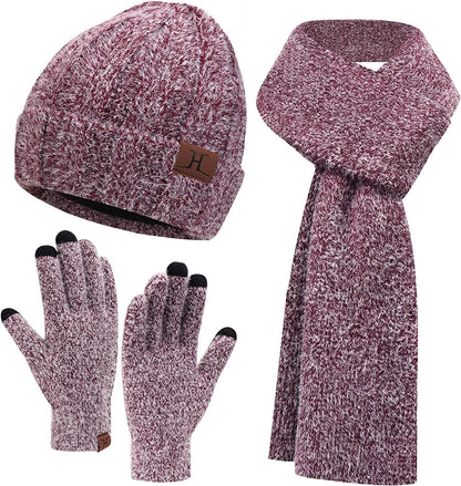 Womens Winter Warm Knit Beanie Hat Touchscreen Gloves Long Scarf Set with Fleece Lined Skull Caps Neck Scarves for Women Men Apparel & Accessories > Clothing Accessories > Gloves & Mittens FZ FANTASTIC ZONE Hat&scarf&gloves-wine Red One Size 