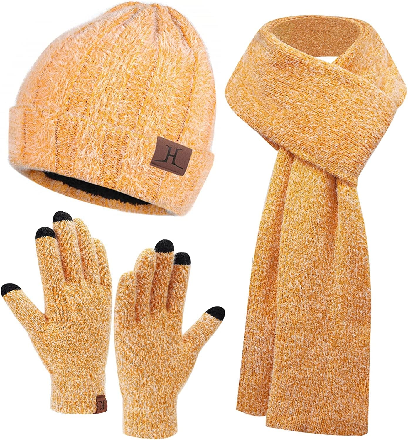 Womens Winter Warm Knit Beanie Hat Touchscreen Gloves Long Scarf Set with Fleece Lined Skull Caps Neck Scarves for Women Men Apparel & Accessories > Clothing Accessories > Gloves & Mittens FZ FANTASTIC ZONE Hat&scarf&gloves-yellow One Size 